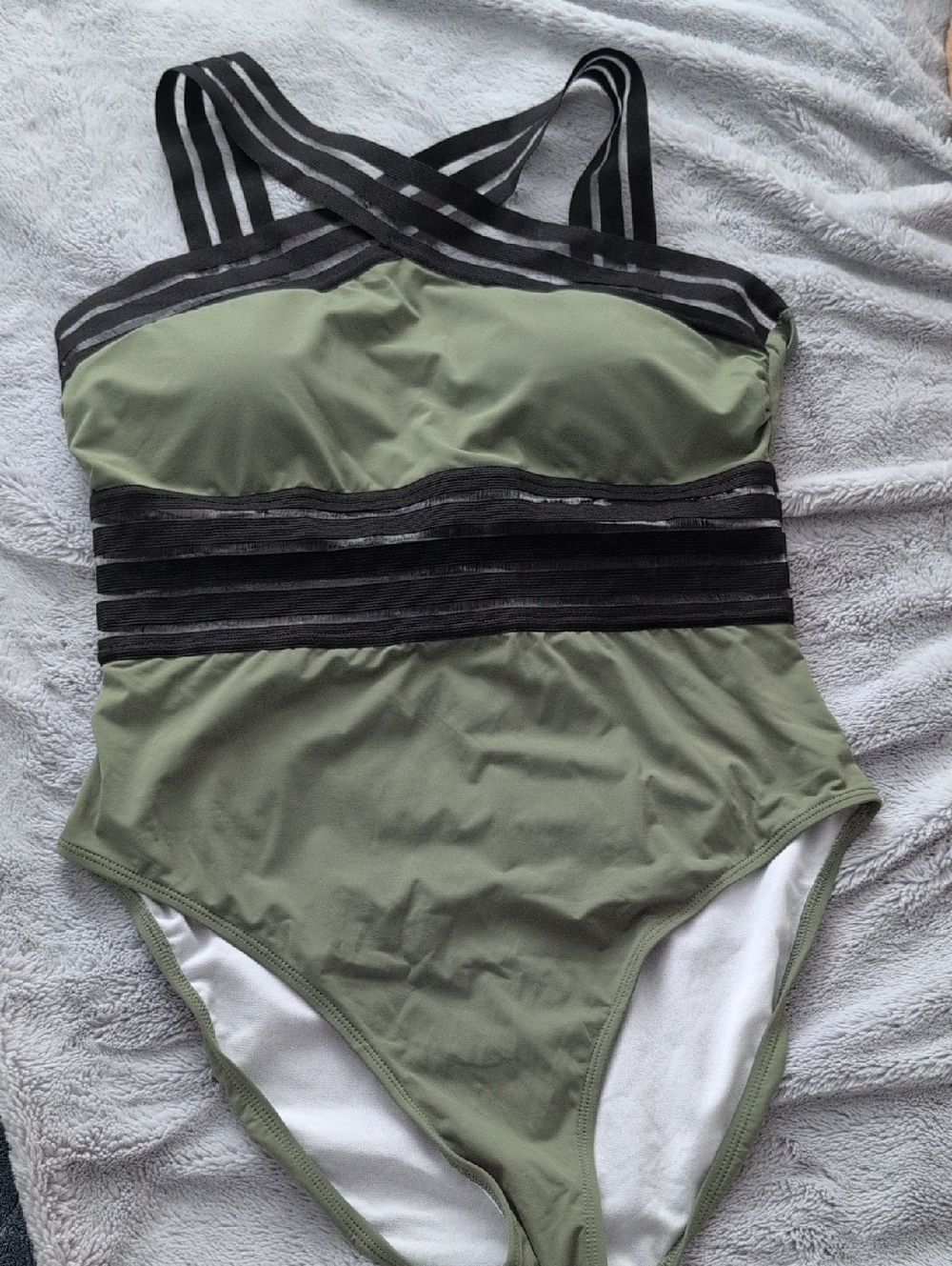 Olive Green One-Piece Swimsuit with Black Strappy Band